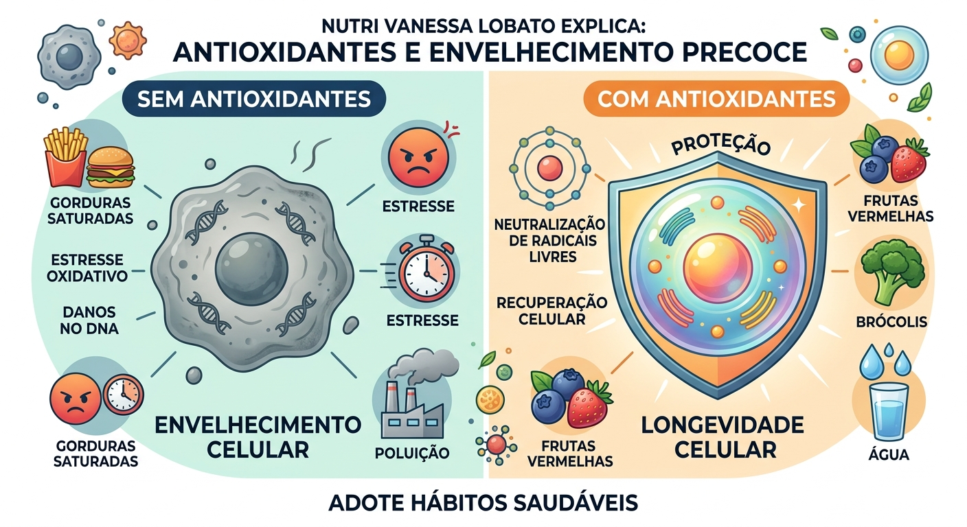 squema didático sobre antioxidantes e envelhecimento precoce mostrando a neutralização de radicais livres por alimentos fitoquímicos