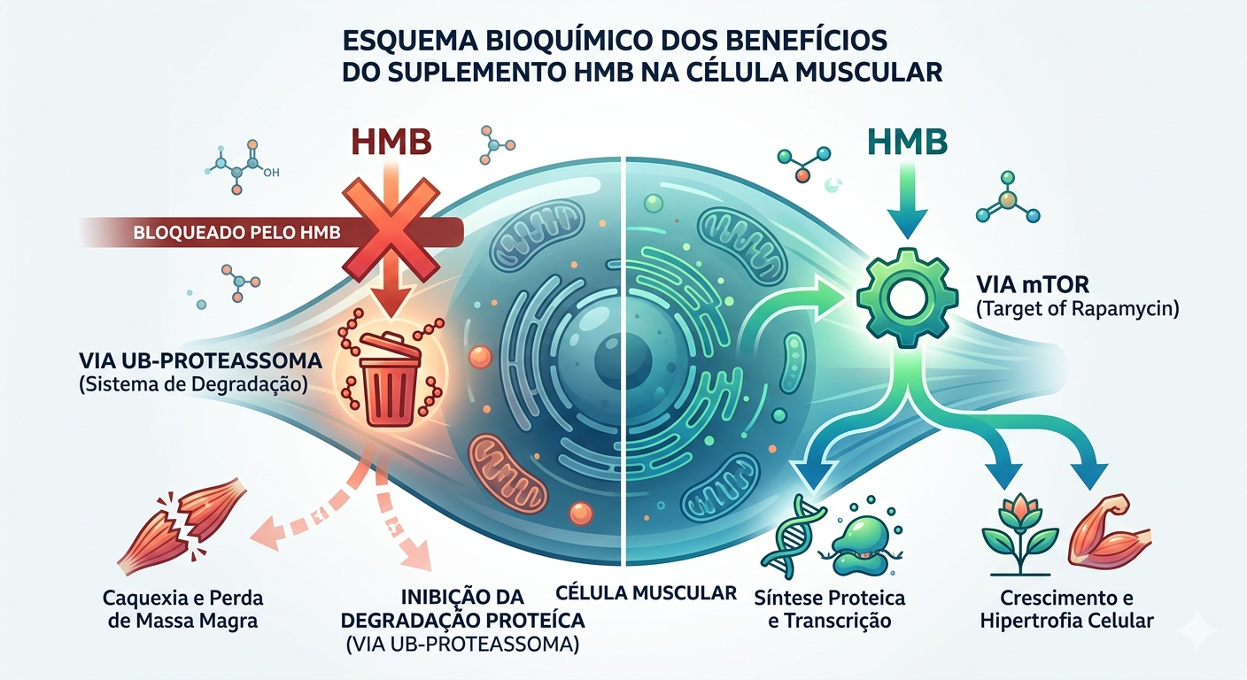 Esquema bioquímico ilustrando os benefícios do suplemento HMB na via mTOR e na inibição da degradação proteica muscular