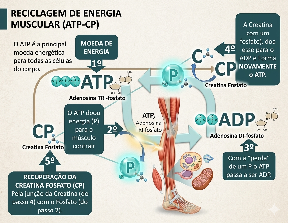 Um gráfico explicativo da "Reciclagem do ATP pela Creatina Fosfato