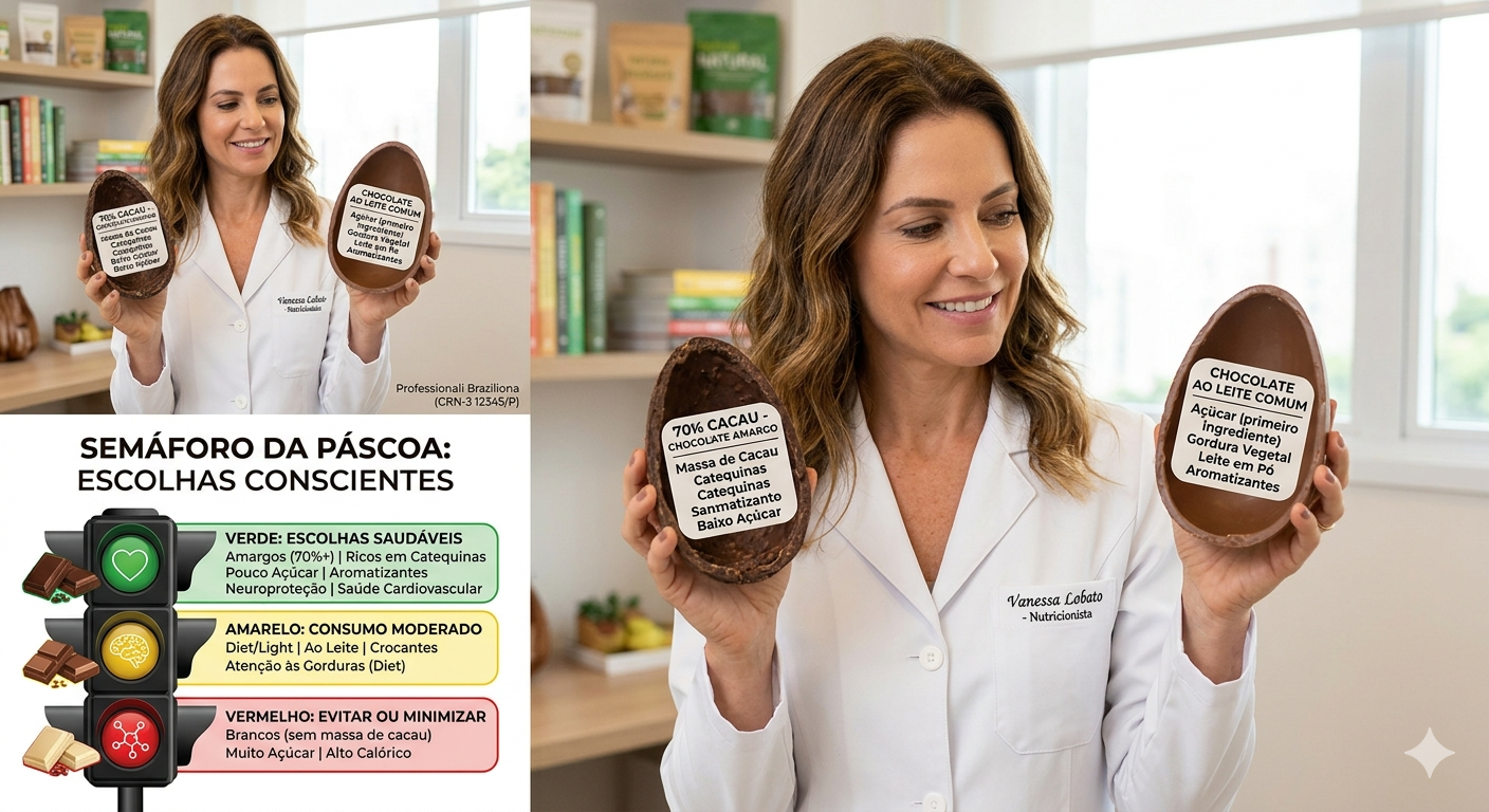 Nutricionista Vanessa Lobato explicando como escolher ovo de páscoa saudável através da análise de rótulos e percentual de cacau.
