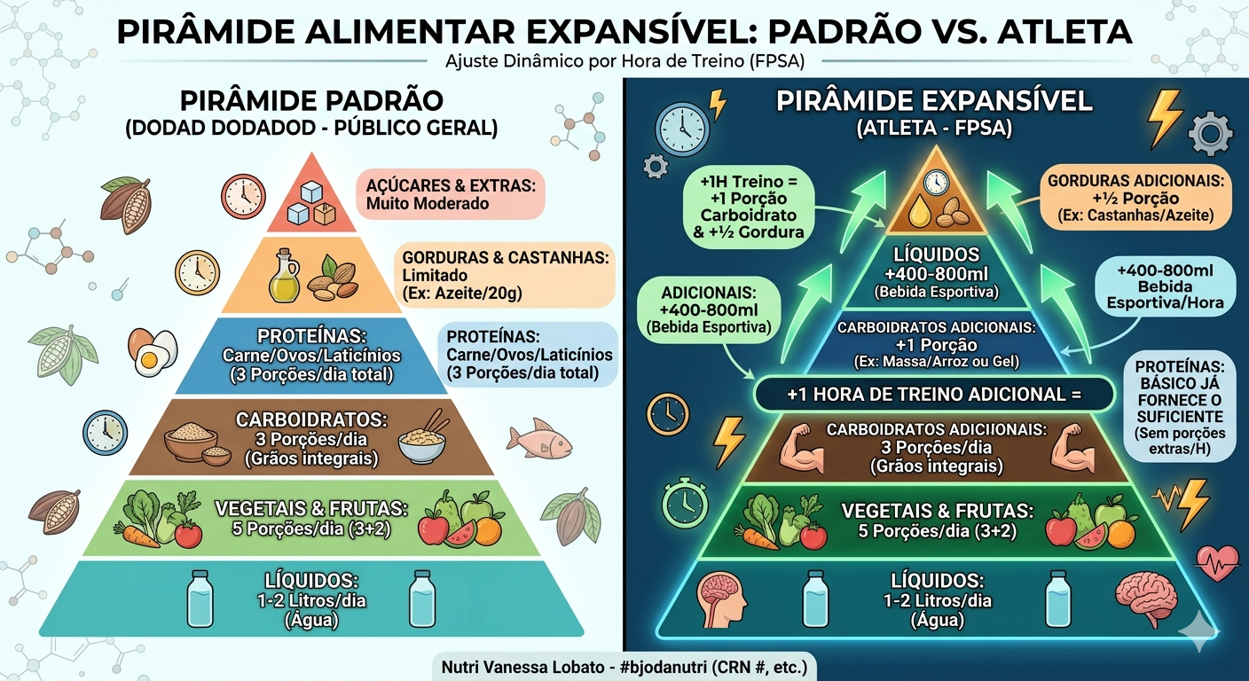 Infográfico comparativo entre a pirâmide alimentar básica e a pirâmide alimentar para atletas, mostrando os ajustes de porções por hora de treino