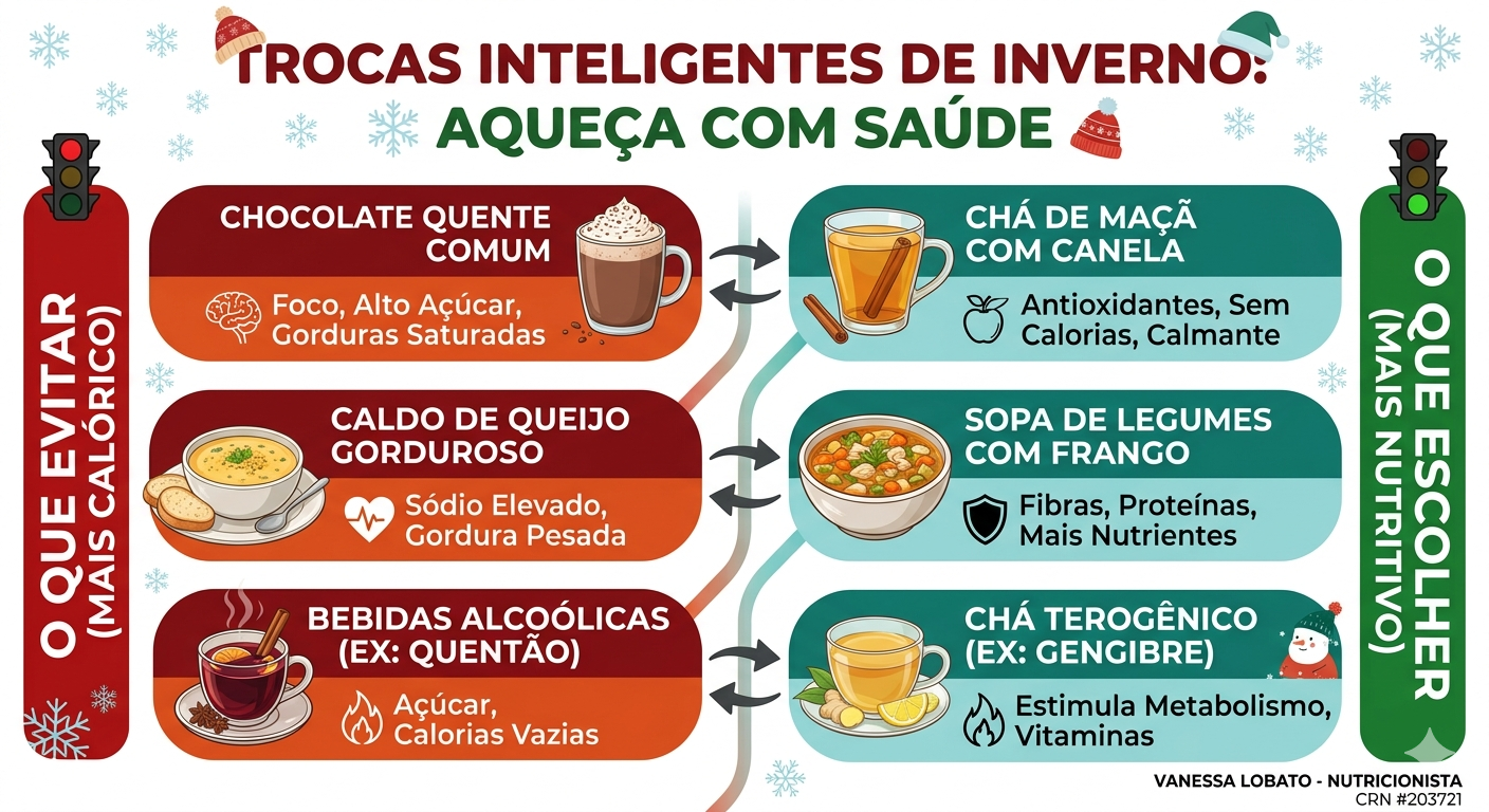Infográfico de alimentação no inverno com trocas saudáveis para manter o peso e aquecer o corpo