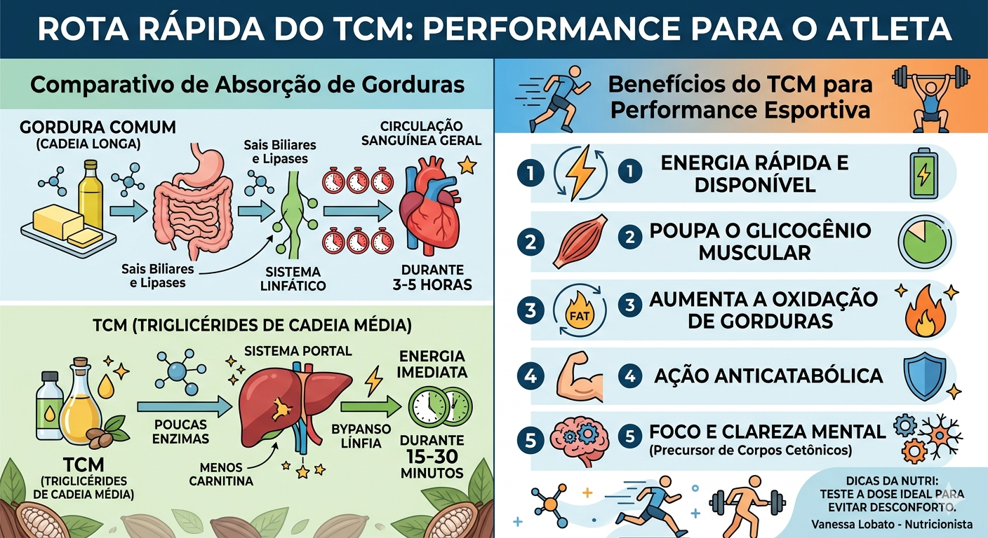 Infográfico comparando a absorção lenta de gorduras de cadeia longa com a absorção rápida do TCM pelo sistema portal