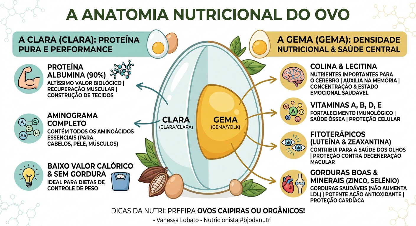 Um infográfico "A Anatomia Nutricional do Ovo", separando os benefícios da Clara (proteínas) e da Gema (vitaminas, colina e luteína)