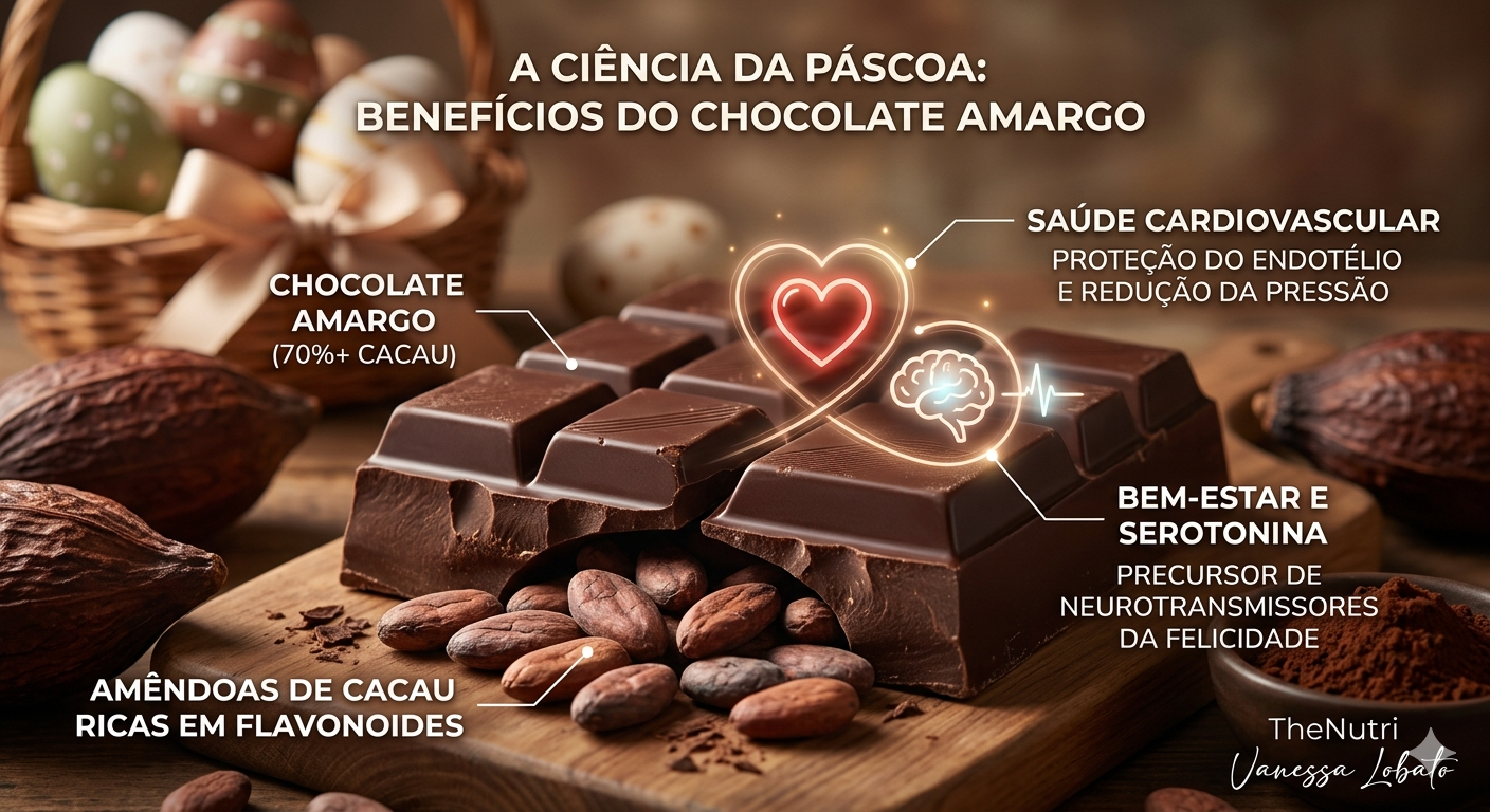 Infográfico sobre os benefícios do chocolate amargo para a saúde cardiovascular e produção de serotonina no cérebro
