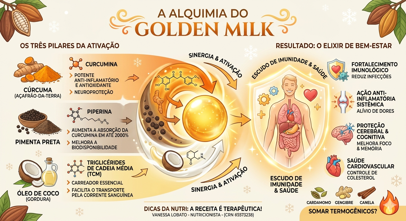 Infográfico explicando a sinergia entre cúrcuma, pimenta preta e óleo de coco no preparo do Golden Milk para máxima absorção.