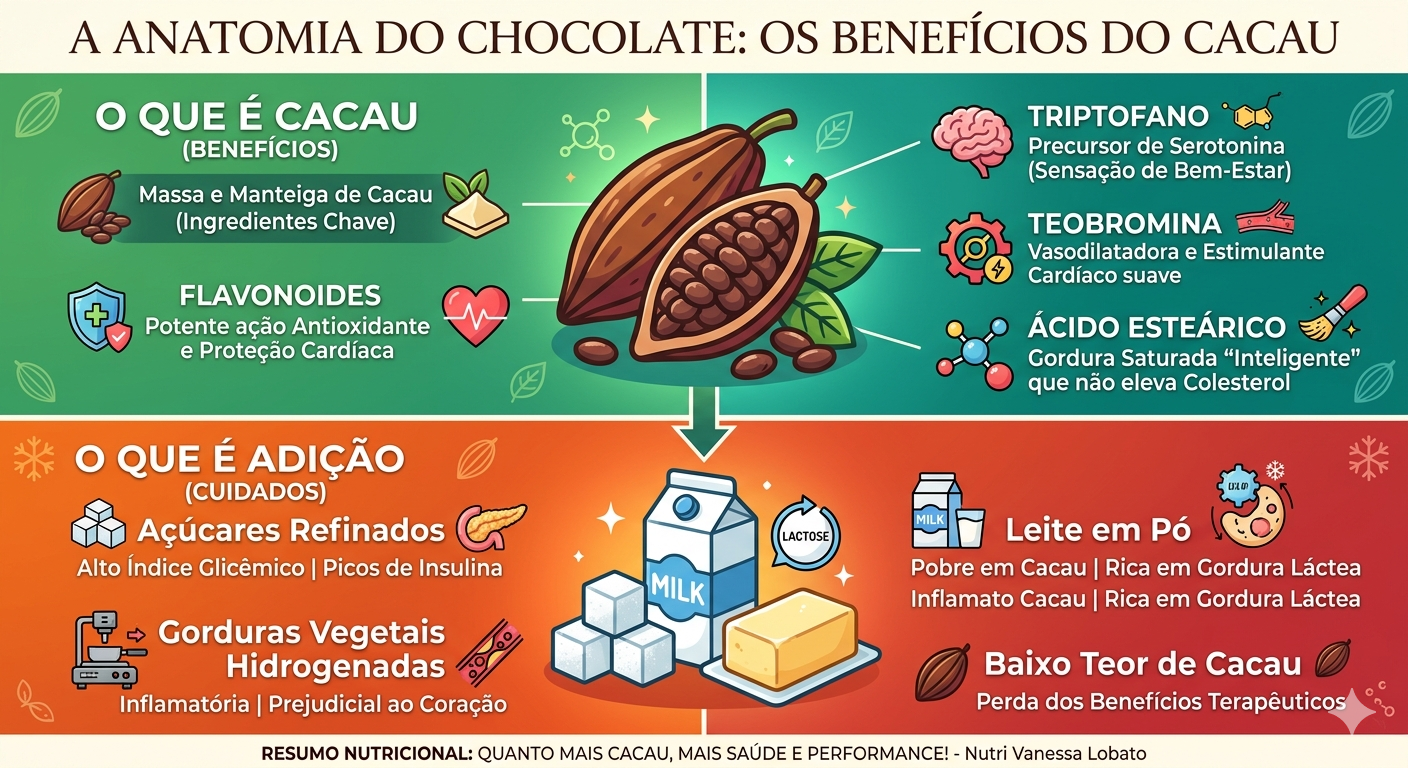 Infográfico detalhando os componentes do cacau e os benefícios do chocolate amargo para o cérebro e coração