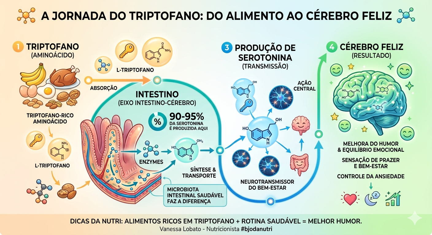 Esquema explicativo de como os alimentos ricos em triptofano estimulam a produção de serotonina para melhorar o humor