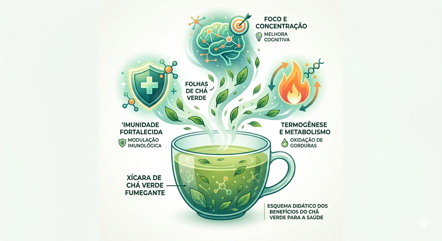 Infográfico detalhando os benefícios do chá verde para a saúde no cérebro, metabolismo e sistema imunológico