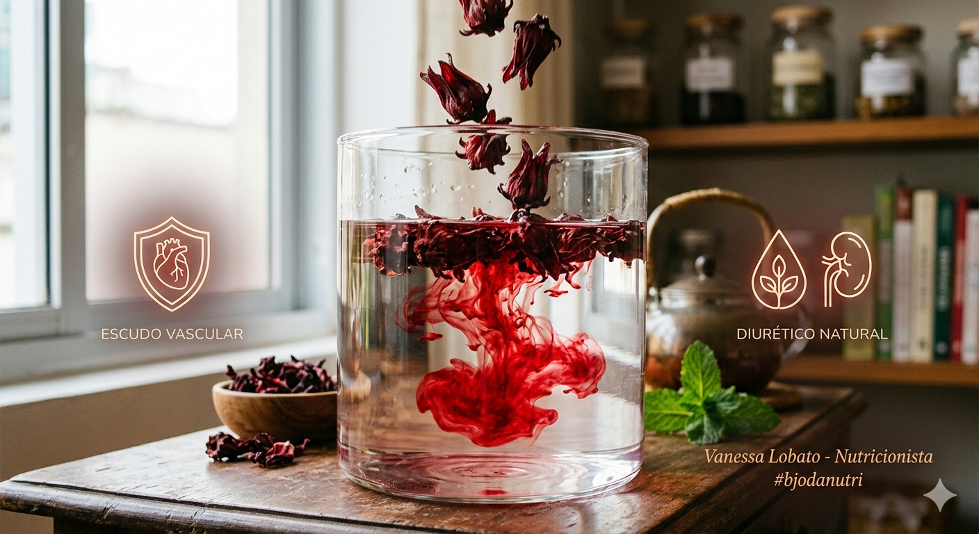 Infográfico sobre os benefícios do chá de hibisco destacando a proteção dos vasos sanguíneos e propriedades antioxidantes