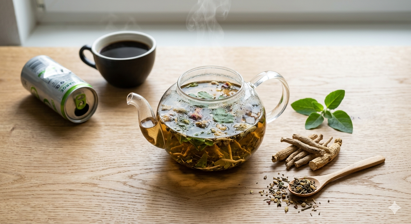 Infusão de plantas adaptógenas para controle do estresse vs estimulantes.
