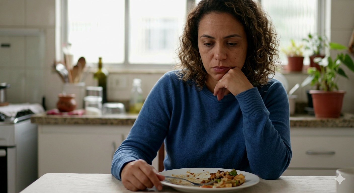 Mulher em momento de reflexão sobre o prato ilustrando como identificar o transtorno de compulsão alimentar.