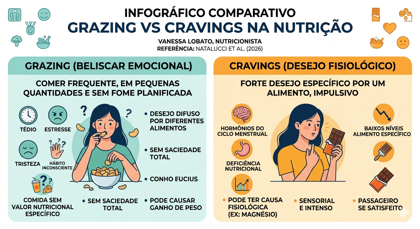 Infográfico comparativo entre Grazing (beliscar emocional) e Cravings (desejo fisiológico) na nutrição