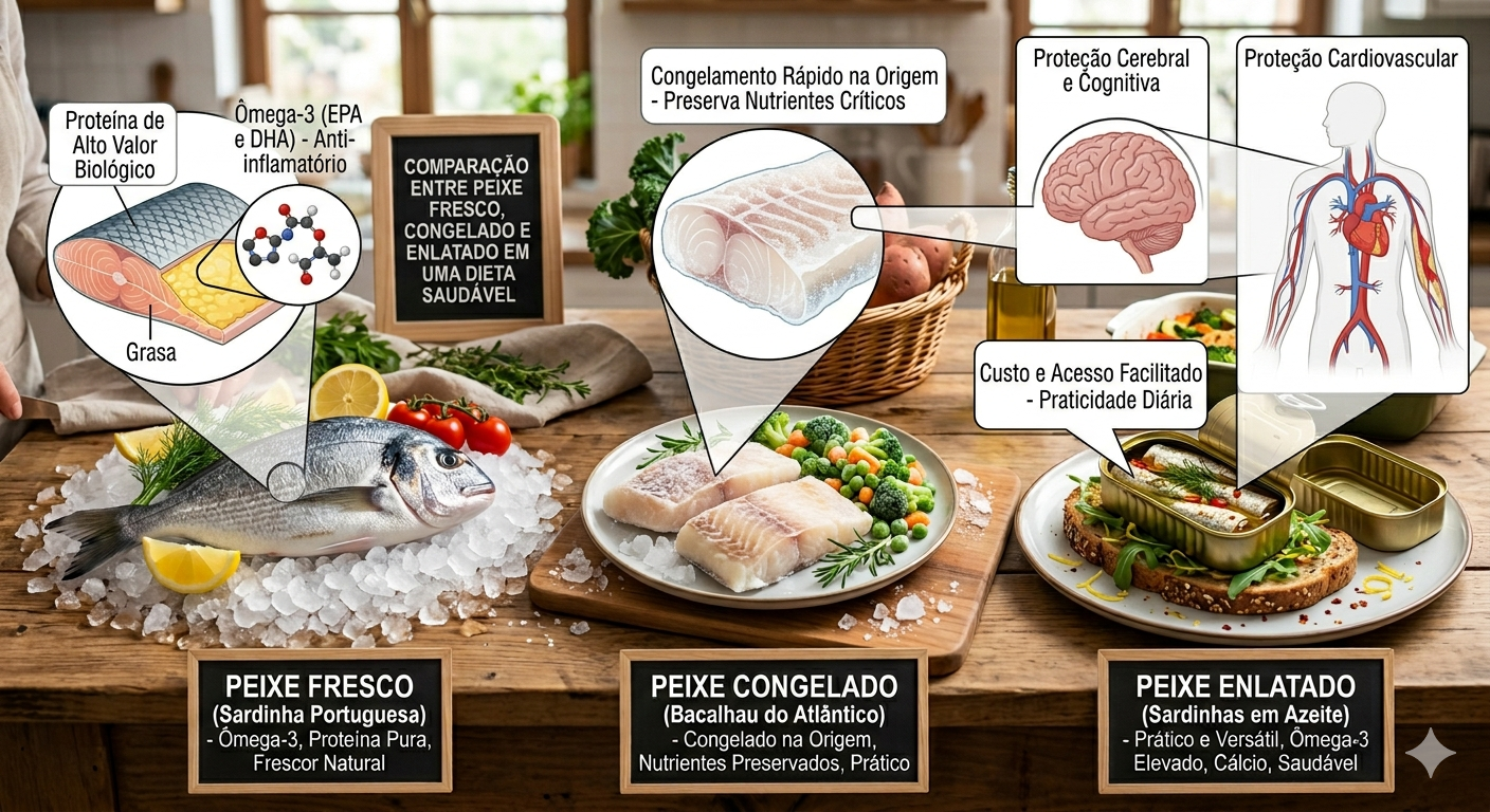 Comparação entre peixe fresco, congelado e enlatado em uma dieta saudável