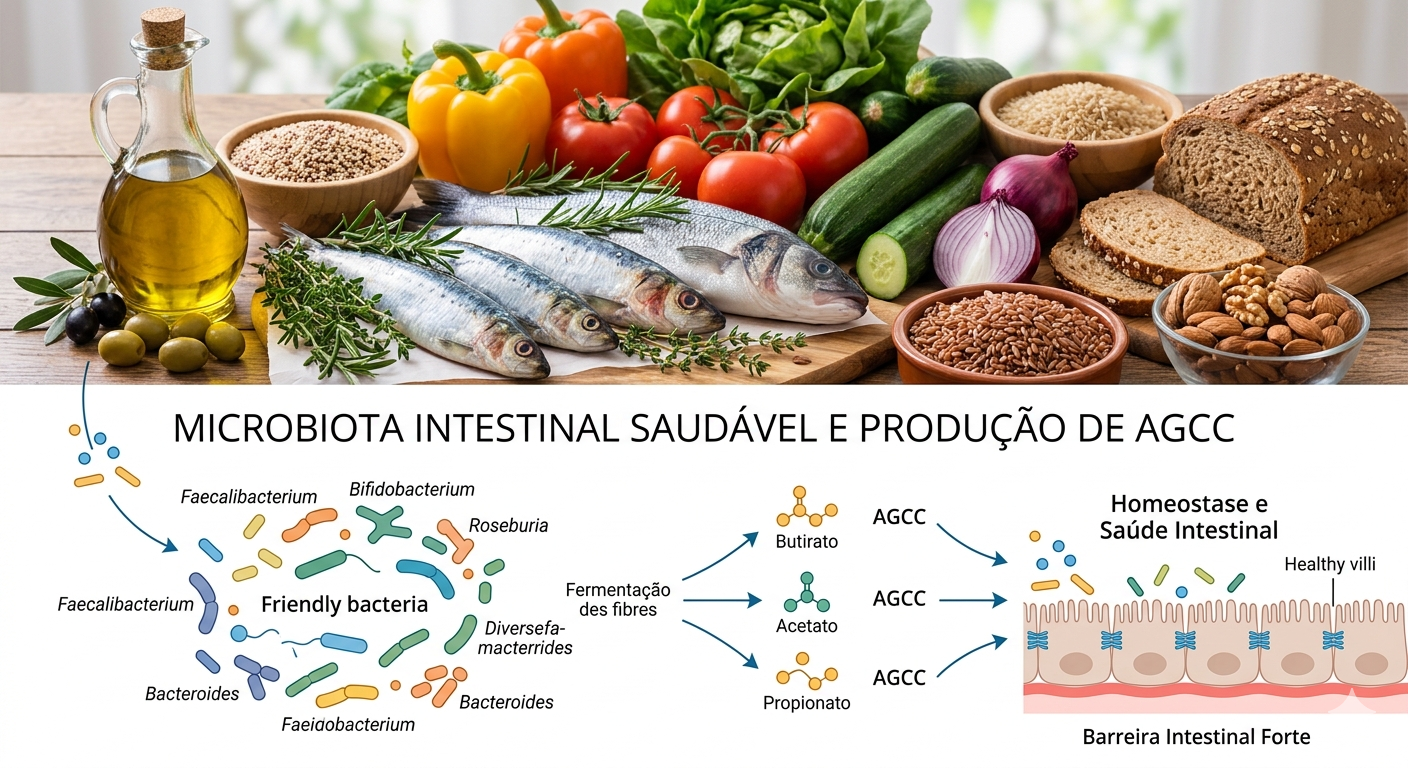 Infográfico mostrando a relação da dieta com o microbioma e a produção de AGCC.