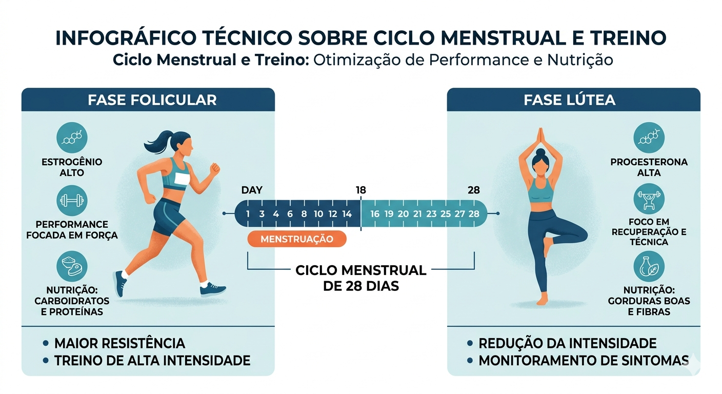 Infográfico técnico sobre ciclo menstrual e treino mostrando as fases folicular e lútea com foco em performance e nutrição