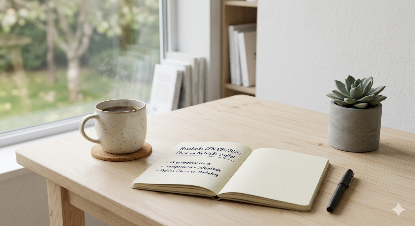 Profissional de saúde analisando a Resolução CFN 856/2026 em ambiente minimalista