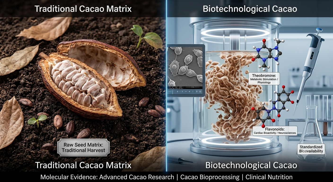 Divisão comparativa entre a semente do cacau tradicional agrícola e o processo de desenvolvimento do cacau em laboratório por agricultura celular em ambiente controlado.