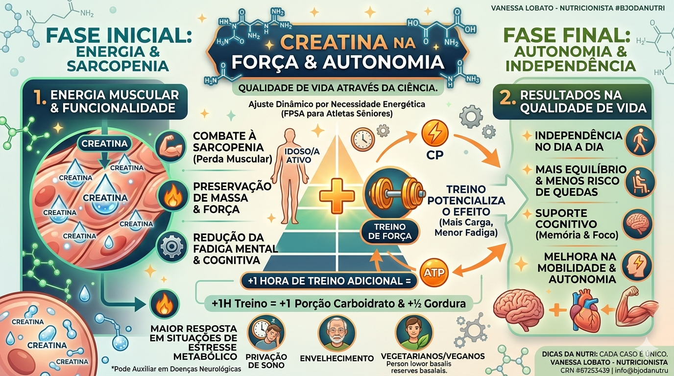 Infográfico sobre creatina para idosos destacando o combate à sarcopenia, ganho de força muscular e melhora da funcionalidade e cognição no envelhecimento.