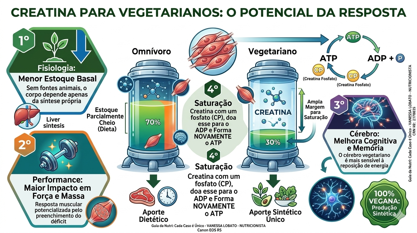 Infográfico sobre creatina na menopausa destacando os benefícios para a massa muscular, metabolismo energético e suporte cognitivo feminino