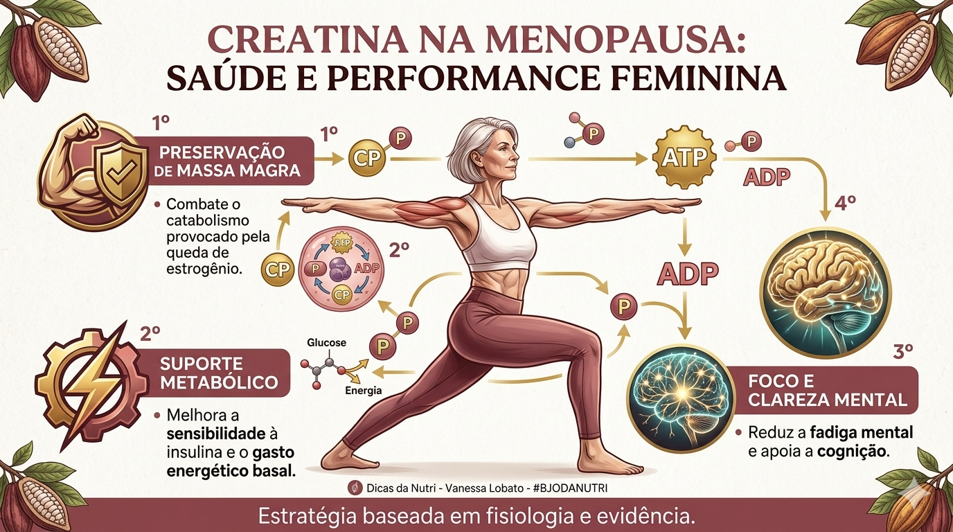 Infográfico sobre creatina na menopausa destacando os benefícios para a massa muscular, metabolismo energético e suporte cognitivo feminino.