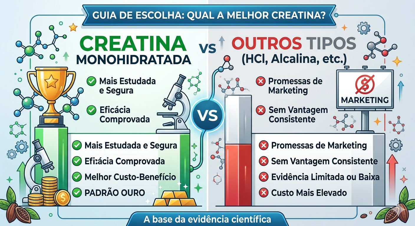 infográfico comparativo entre creatina monohidratada e outros tipos de creatina como hcl e alcalina, mostrando a monohidratada como padrão ouro em evidência e eficácia.