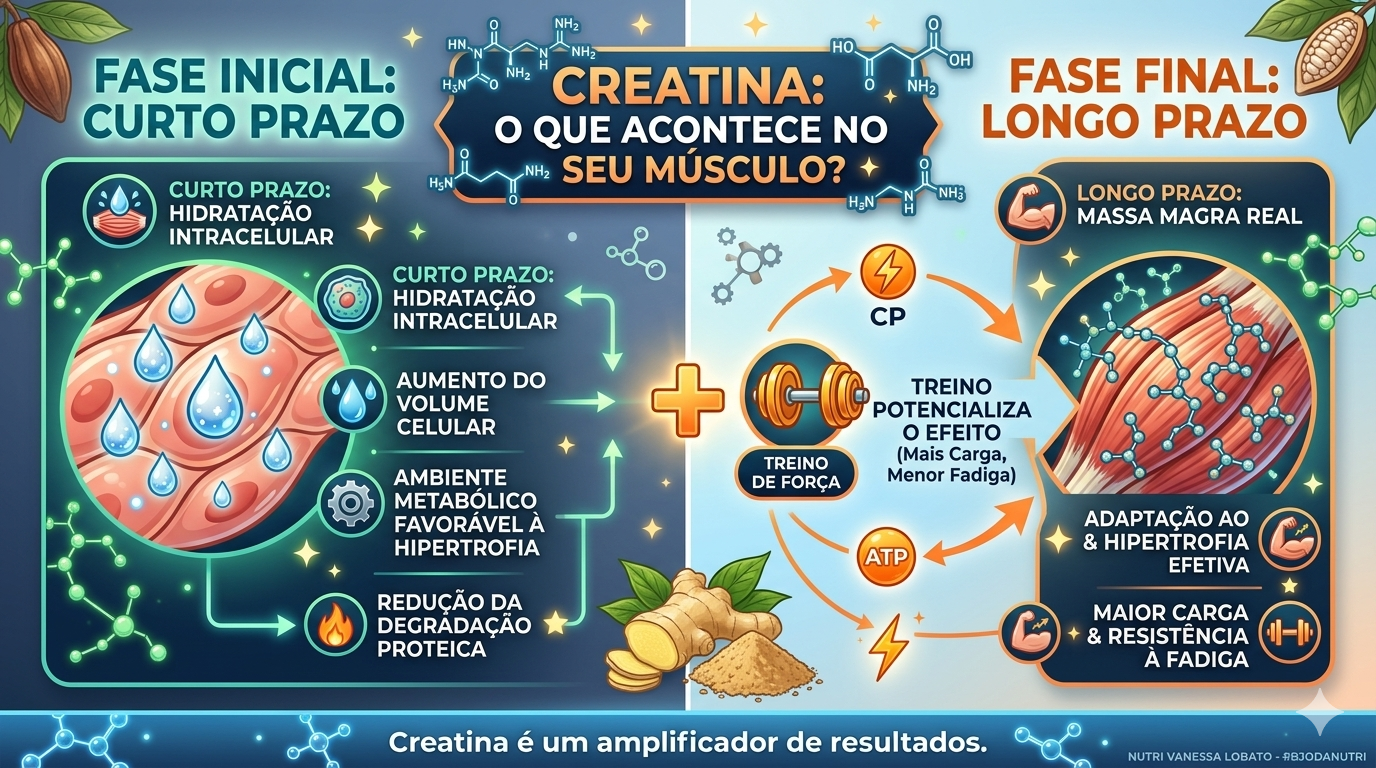 Infográfico sobre creatina e massa muscular mostrando a transição da hidratação intracelular inicial para o ganho de massa magra real através do treino de força.