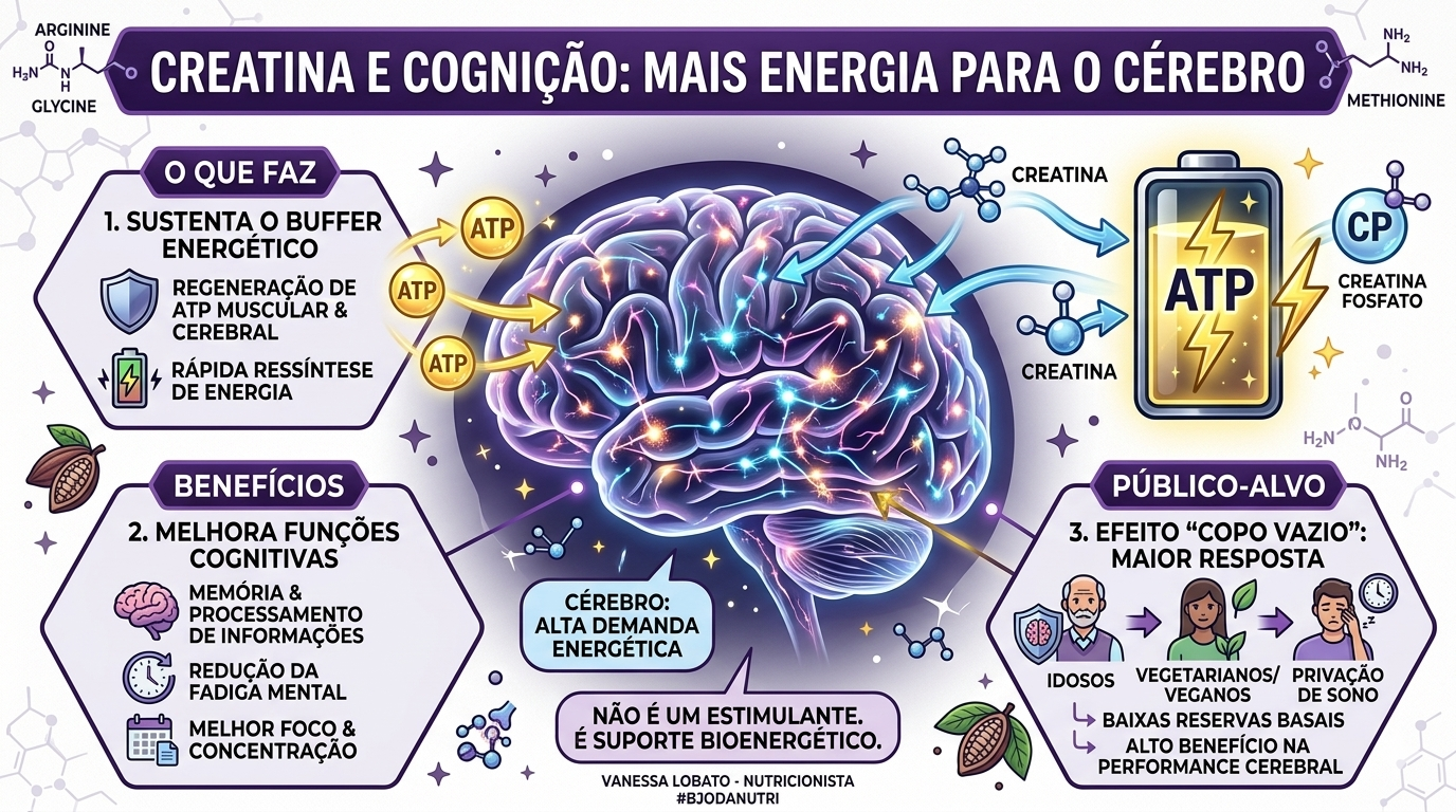 Infográfico sobre creatina e cognição mostrando o cérebro sendo abastecido por energia ATP, destacando benefícios na memória e redução da fadiga mental.