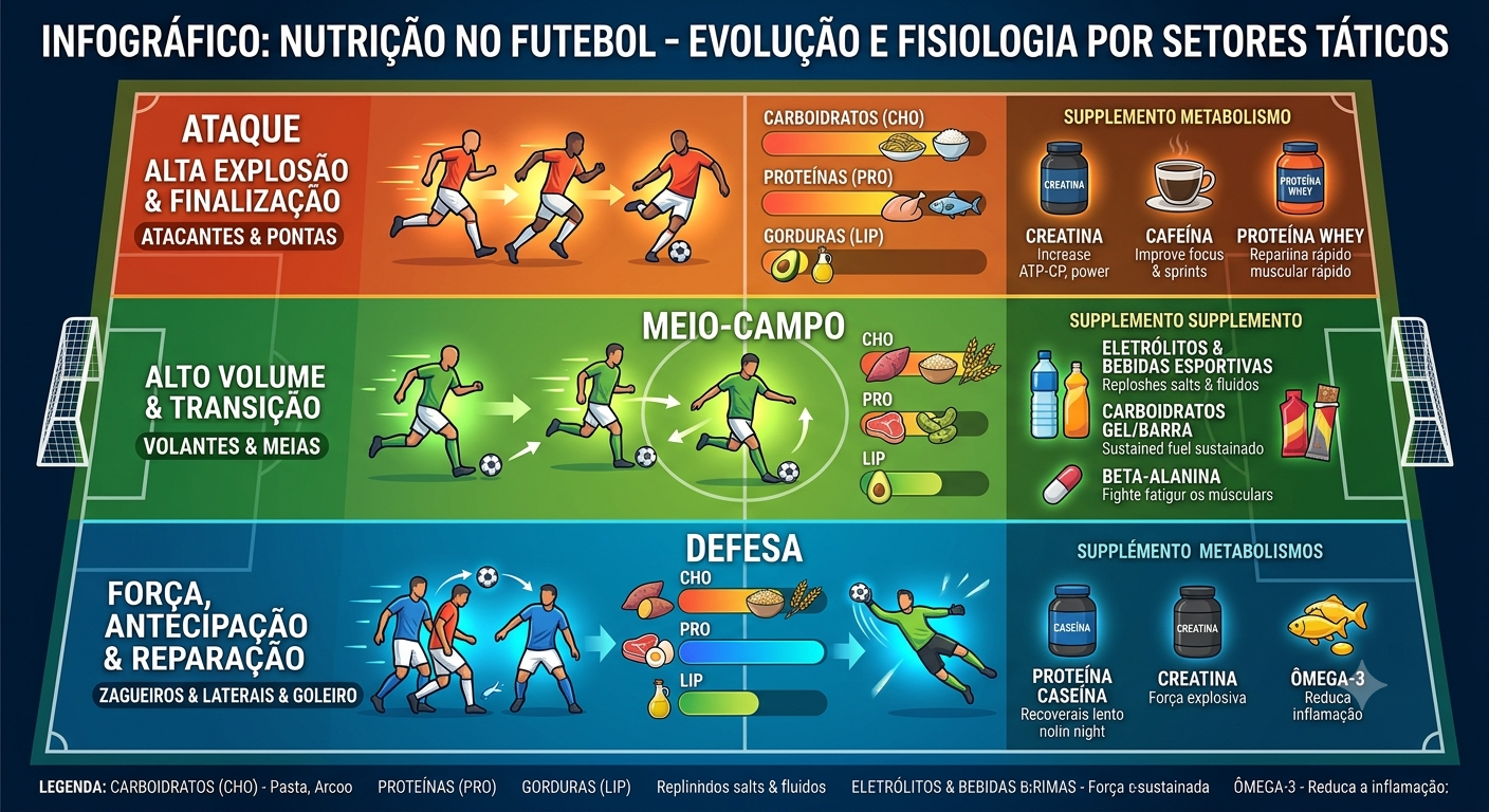 Infográfico detalhando a evolução da nutrição no futebol e a periodização de nutrientes conforme a demanda fisiológica das posições táticas em campo