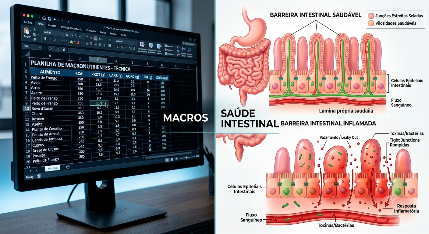 Infográfico comparativo entre uma planilha de macros digital de nutrição e uma ilustração médica detalhada da barreira intestinal e vilosidades mostrando o impacto da inflamação no rendimento.