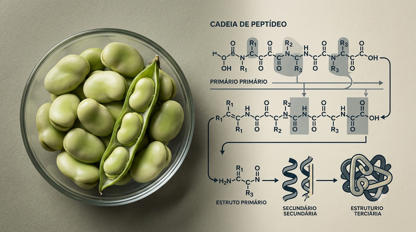 Fava (Vicia faba) e estrutura de peptídeo representando o PeptiStrong, peptídeo descoberto por inteligência artificial