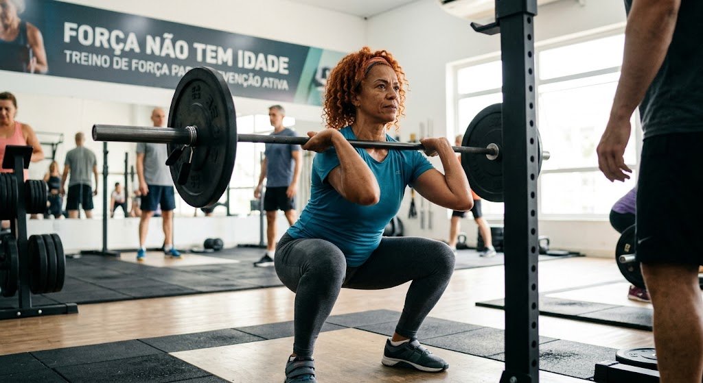 Mulher fazendo treino de força na perimenopausa para preservar massa muscular